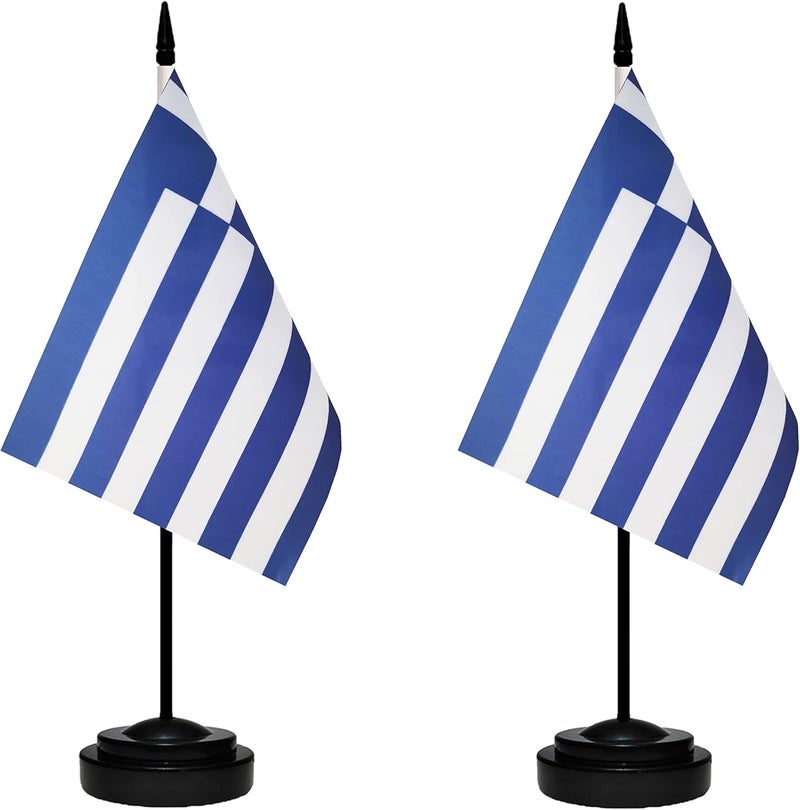 tibijoy Greece Greek Deluxe Desk Flag Set, Small Mini Miniature Greece Greek Table Desktop Flags With Solid Pole, Black Base and Spear Top(2 Pack) - Image 1